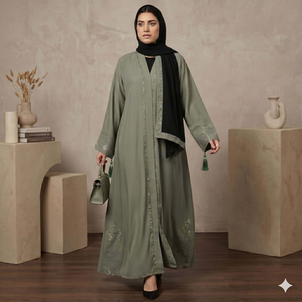 Crystal Stone Tassel Open-Front Abaya with Scarf – 2 Piece Set | Canada Abaya North Abaya 