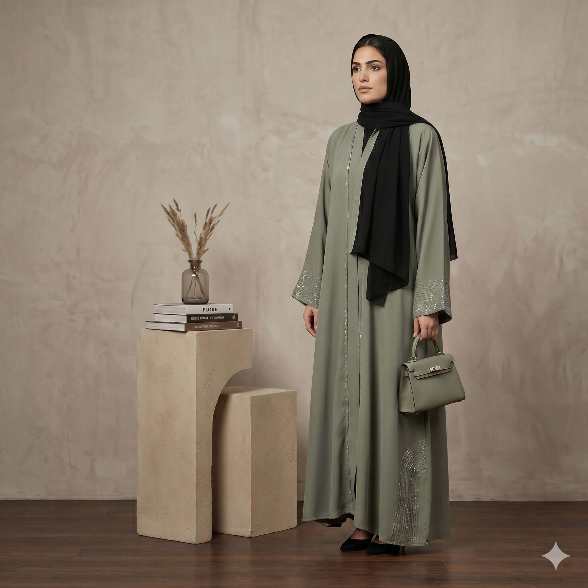 Crystal Stone Tassel Open-Front Abaya with Scarf – 2 Piece Set | Canada Abaya North Abaya 