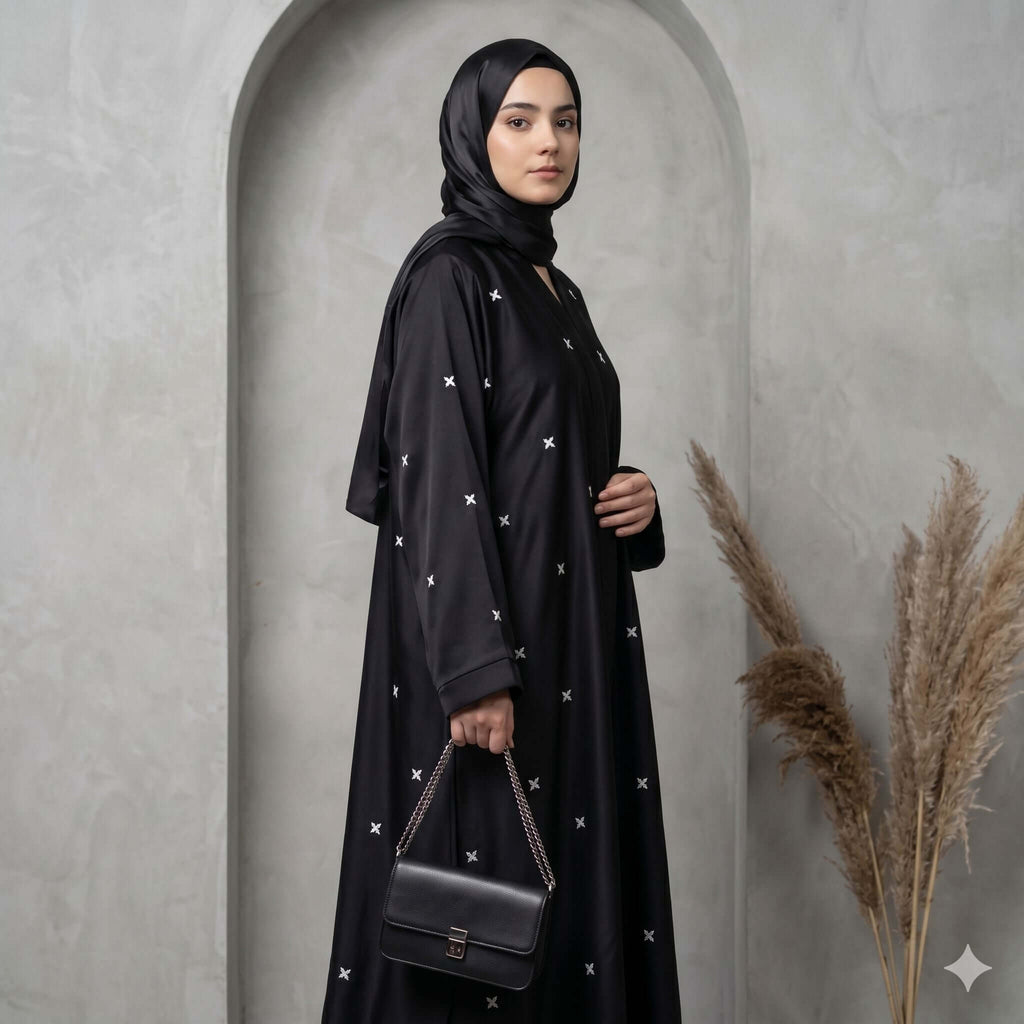 Embroidered Star Motif Open-Front Abaya – Elegant Modest Fashion Canada Abaya North Abaya 