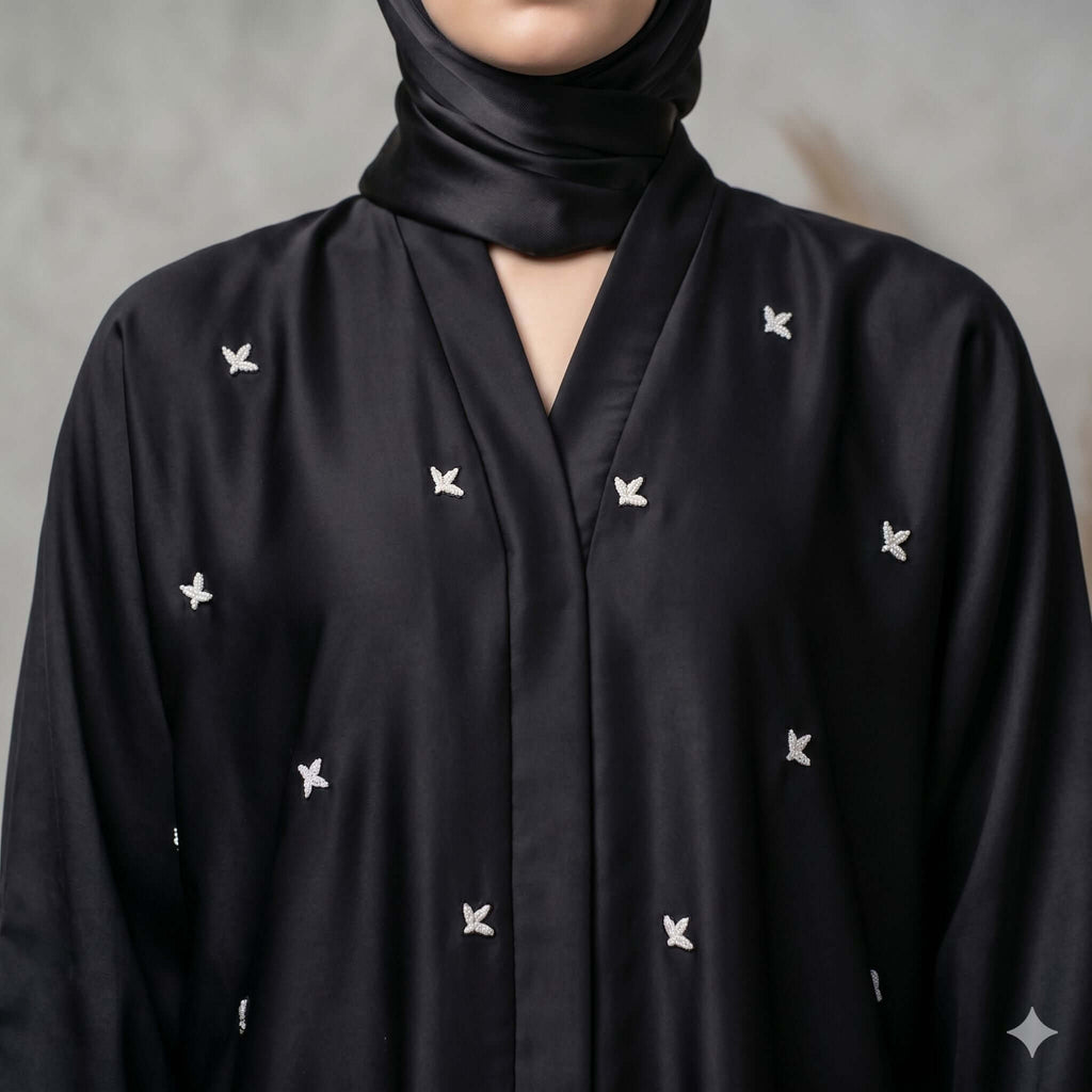 Embroidered Star Motif Open-Front Abaya – Elegant Modest Fashion Canada Abaya North Abaya 