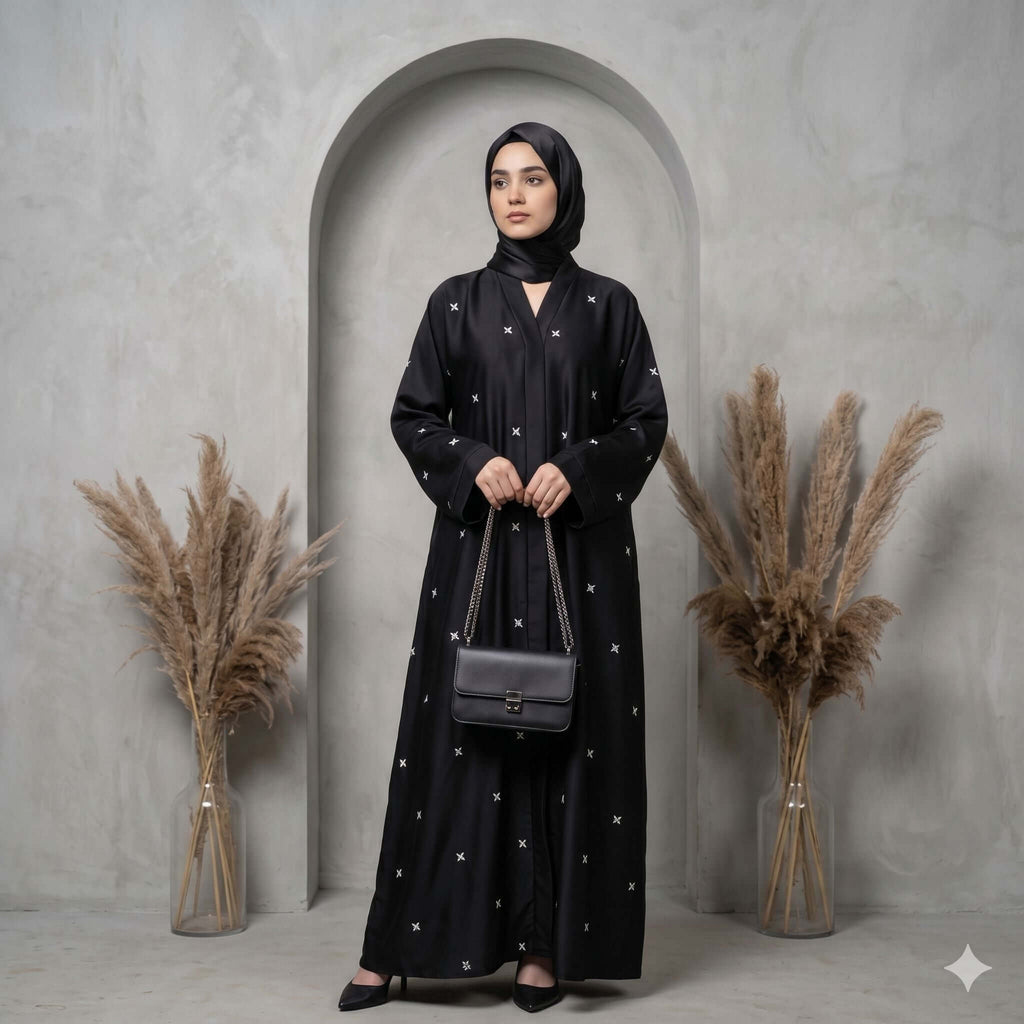 Embroidered Star Motif Open-Front Abaya – Elegant Modest Fashion Canada Abaya North Abaya 