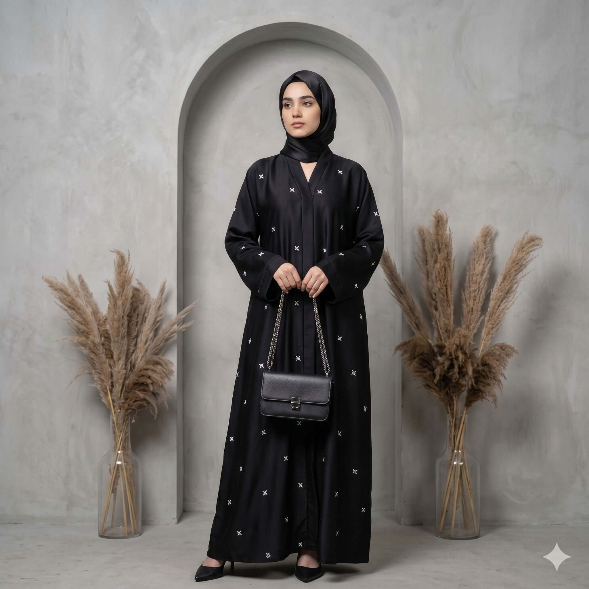 Embroidered Star Motif Open-Front Abaya – Elegant Modest Fashion Canada Abaya North Abaya 